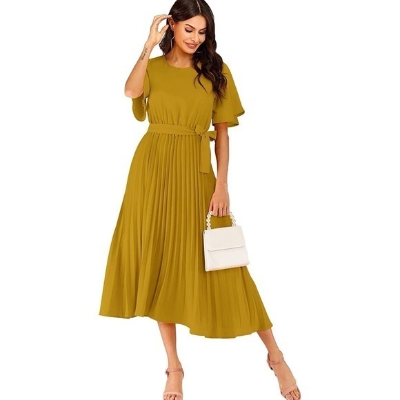 Milumia Women's Flutter Sleeve Midi Dress - Crew Neck, Belted Waist, Pleated Skirt (Summer Boho Sundress)